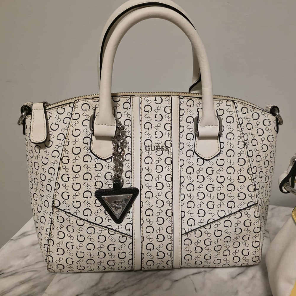 Guess Monogrammed White and Black Satchel